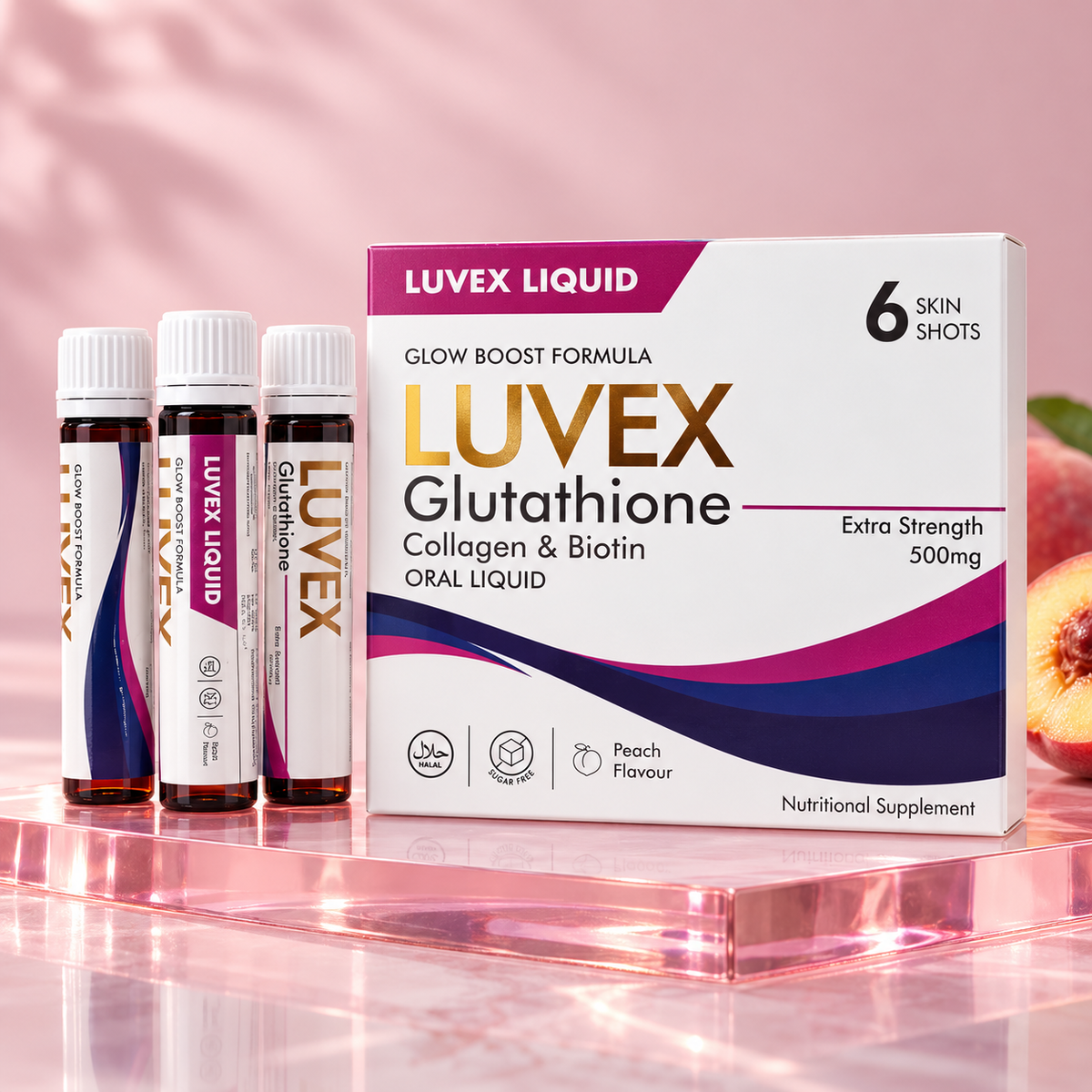LUVEX Glutathione Glow Boost Oral Liquid – 500mg | Collagen & Biotin | Peach Flavour